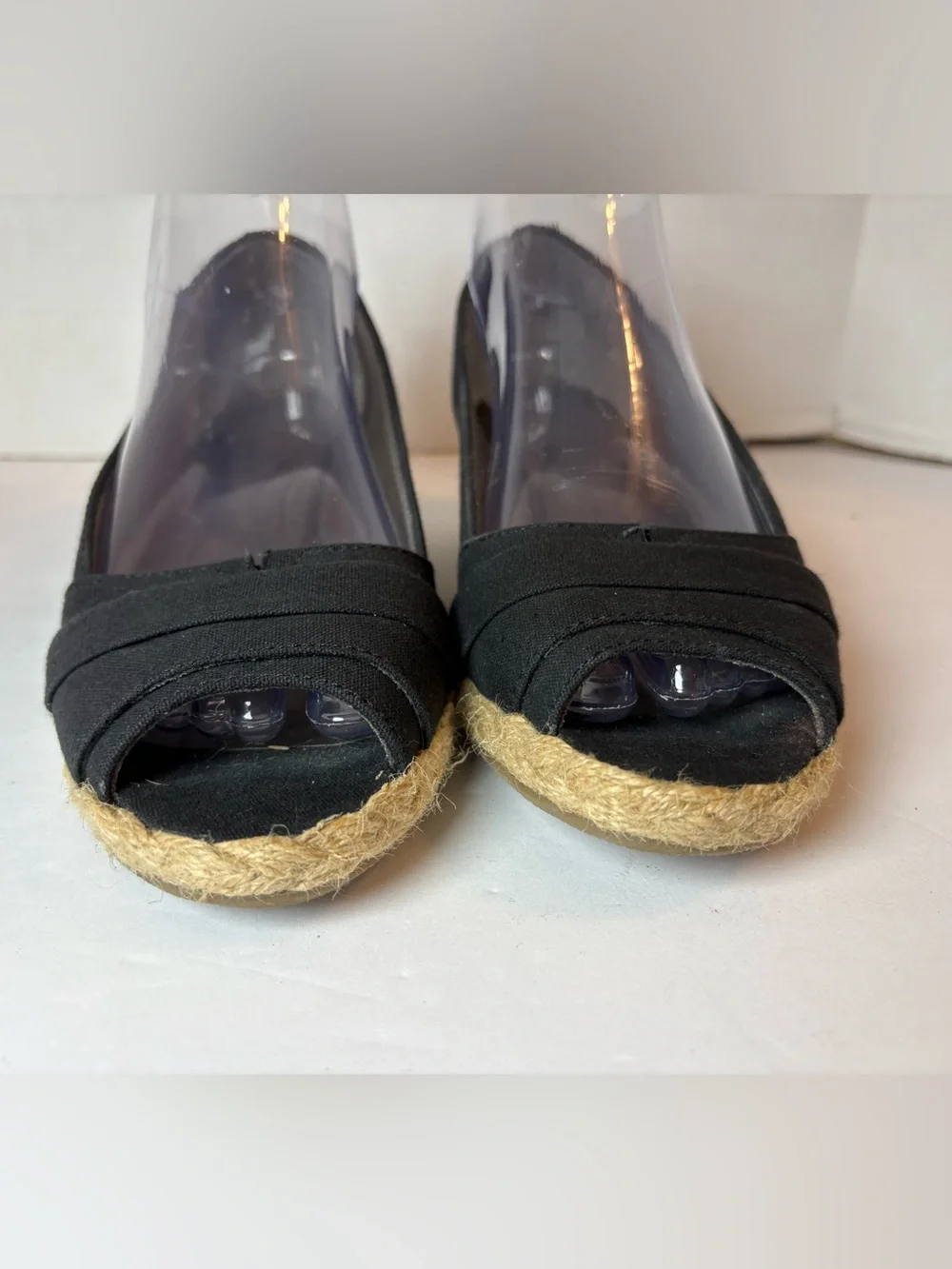 Life Stride Black Peep-Toe Espadrilles Wedge Heels Size 7